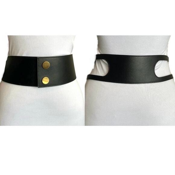 MARNI Wide Cut Out Leather Belt 80cm Black Gold Made Italy Contemporary Modern - Picture 1 of 14